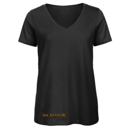 "Składam się" czerń i pomarańcz - damski t-shirt v-neck
